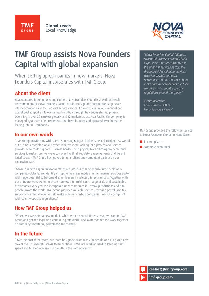 TMF Group assists Nova Founders Capital with global expansion