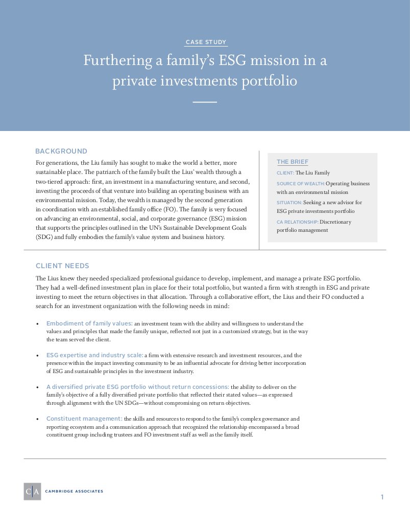 Furthering a family's ESG mission in a private investments portfolio