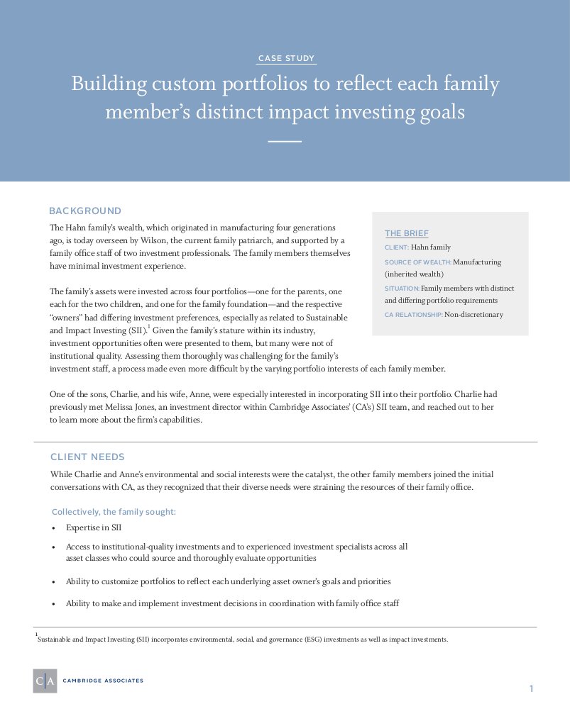 Building custom portfolios to reflect each family member's distinct impact investing goals