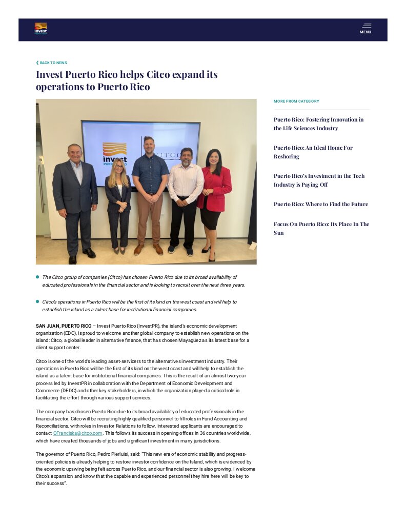 Invest Puerto Rico helps Citco expand its operations to Puerto Rico