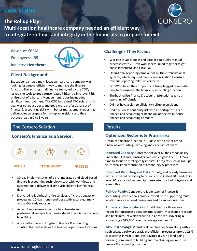 Multi-location healthcare company needed an efficient way to integrate roll-ups and integrity in the financials to prepare for exit