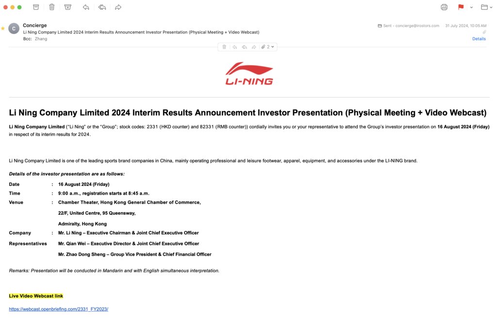 Li Ning Company Limited 2024 Interim Results Announcement