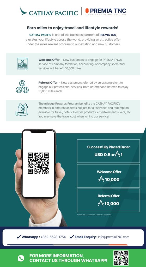 Premia TNC x Cathay Pacific Asia Miles Rewards Partnership Campaign