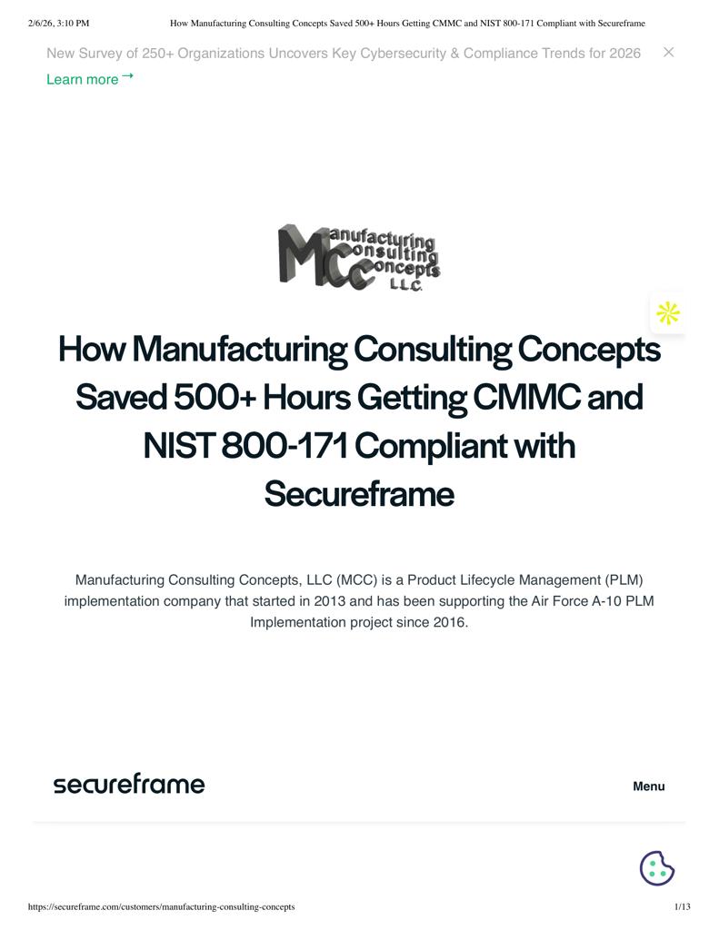 Manufacturing Consulting Concepts CMMC and NIST 800-171 Case Study