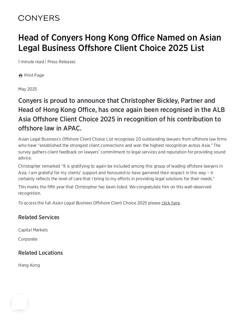 Head of Conyers Hong Kong Office Named on Asian Legal Business Offshore Client Choice 2025 List